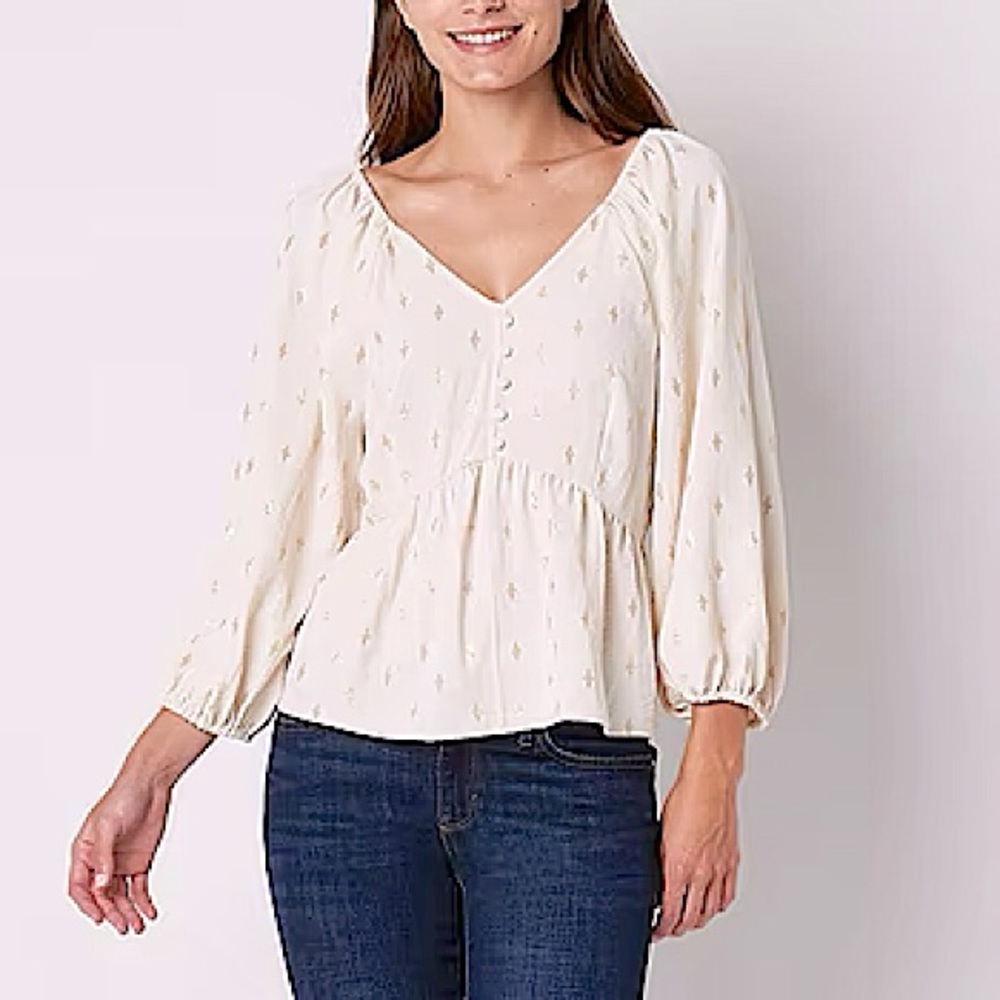 a.n.a Creme with Gold Foil Peplum Waist Balloon Sleeve Blouse